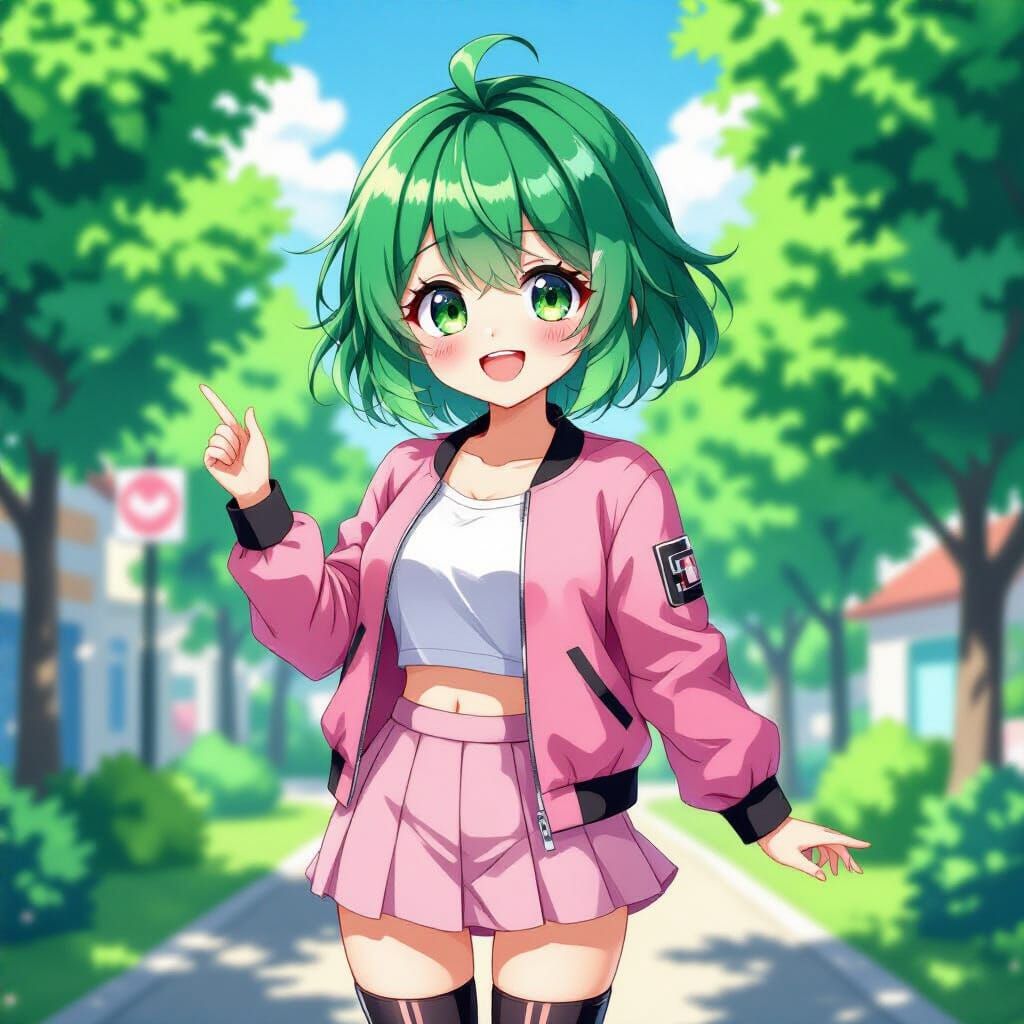 Cute Anime Girl in Pink Bomber Jacket