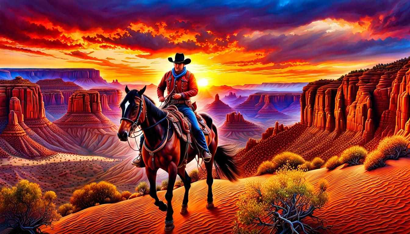 Cowboy Rides Canyon at Sunset: Oil Painting