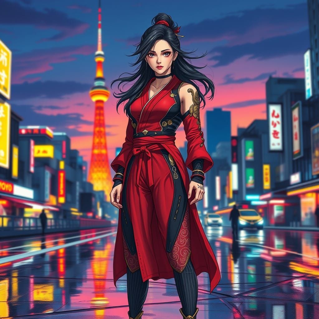 Japanese Warrior Woman in Neon Tokyo
