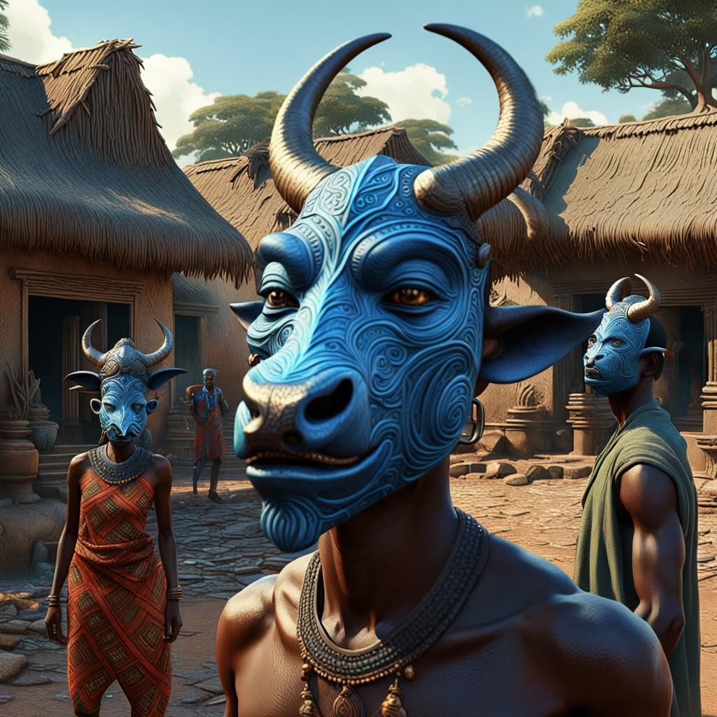 African Woman Watches Buffalo Masked Men Clash