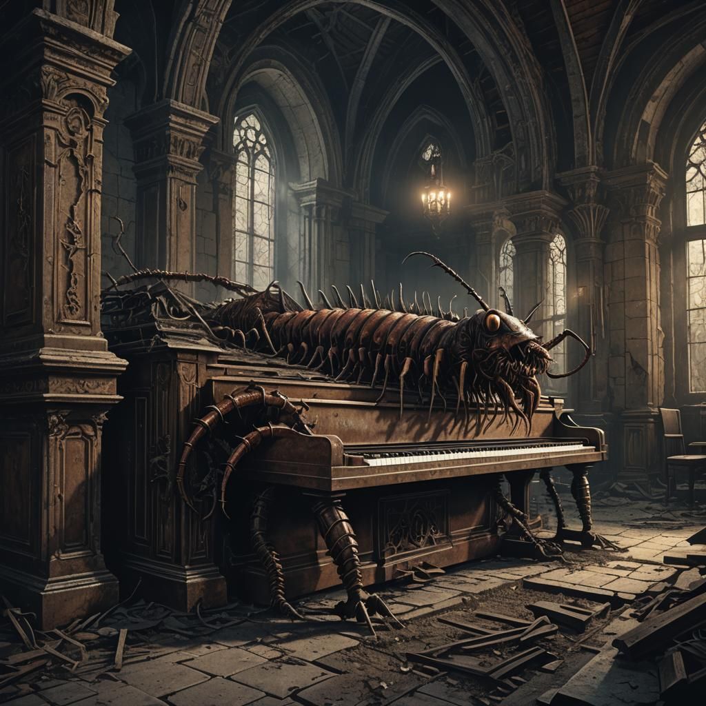 Hollow Centipede Plays Piano in Gothic Horror Scene