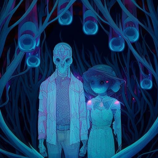 Ghost Couple in Blue Forest: Pop Surrealism