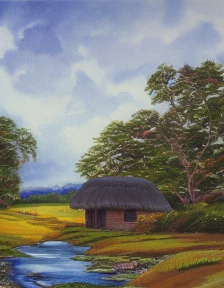 Mystical Night Landscape with Full Moon and Village