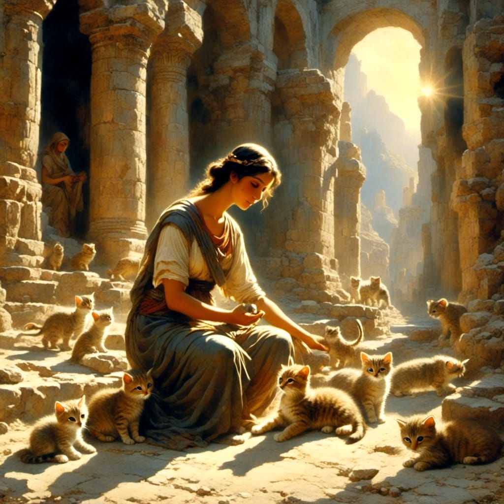 Ancient Beauty Caring for Kittens in Divine Light