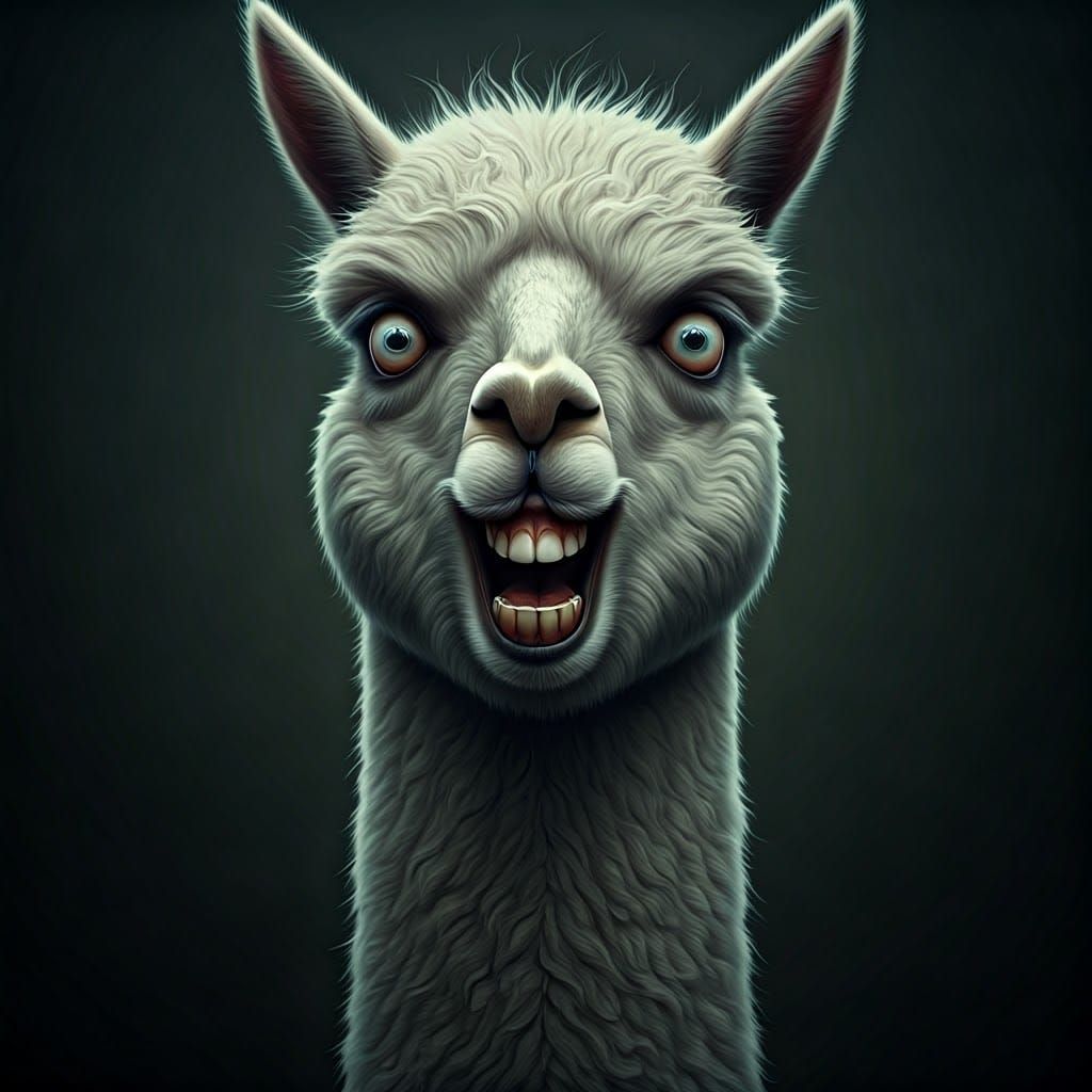 Hyperrealistic Alpaca with Unsettling Smile