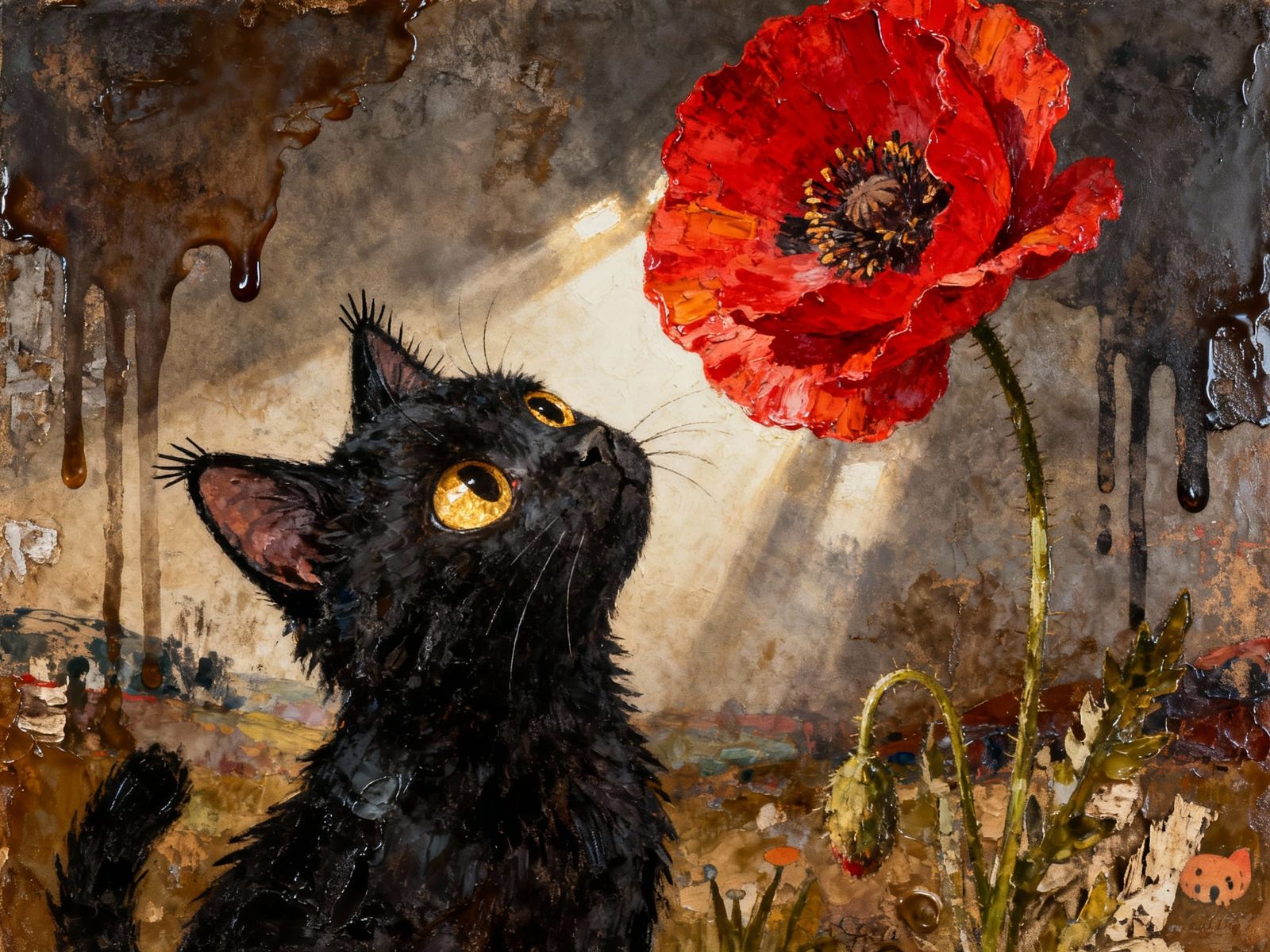 Whimsical Black Cat Gazes at Red Poppy
