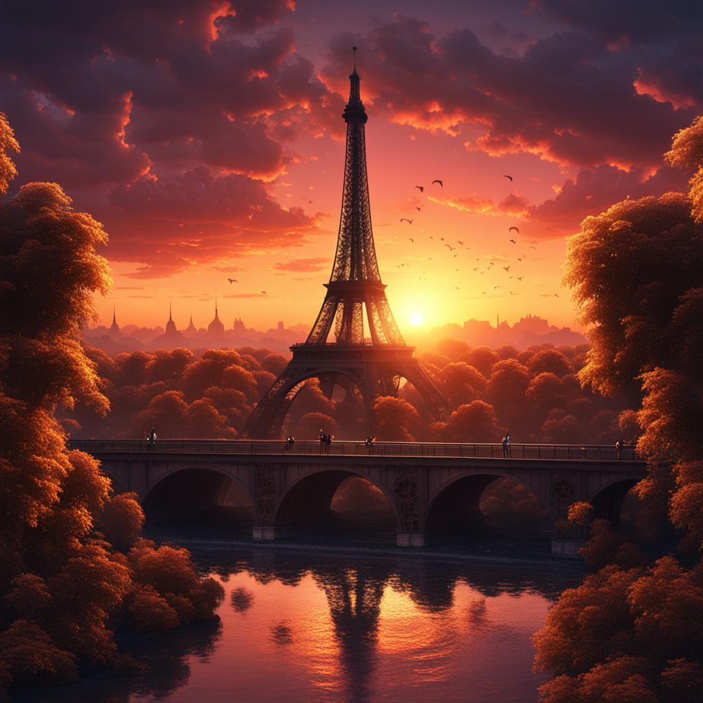 Eiffel Tower Silhouette at Sunset: Fantasy Matte Painting