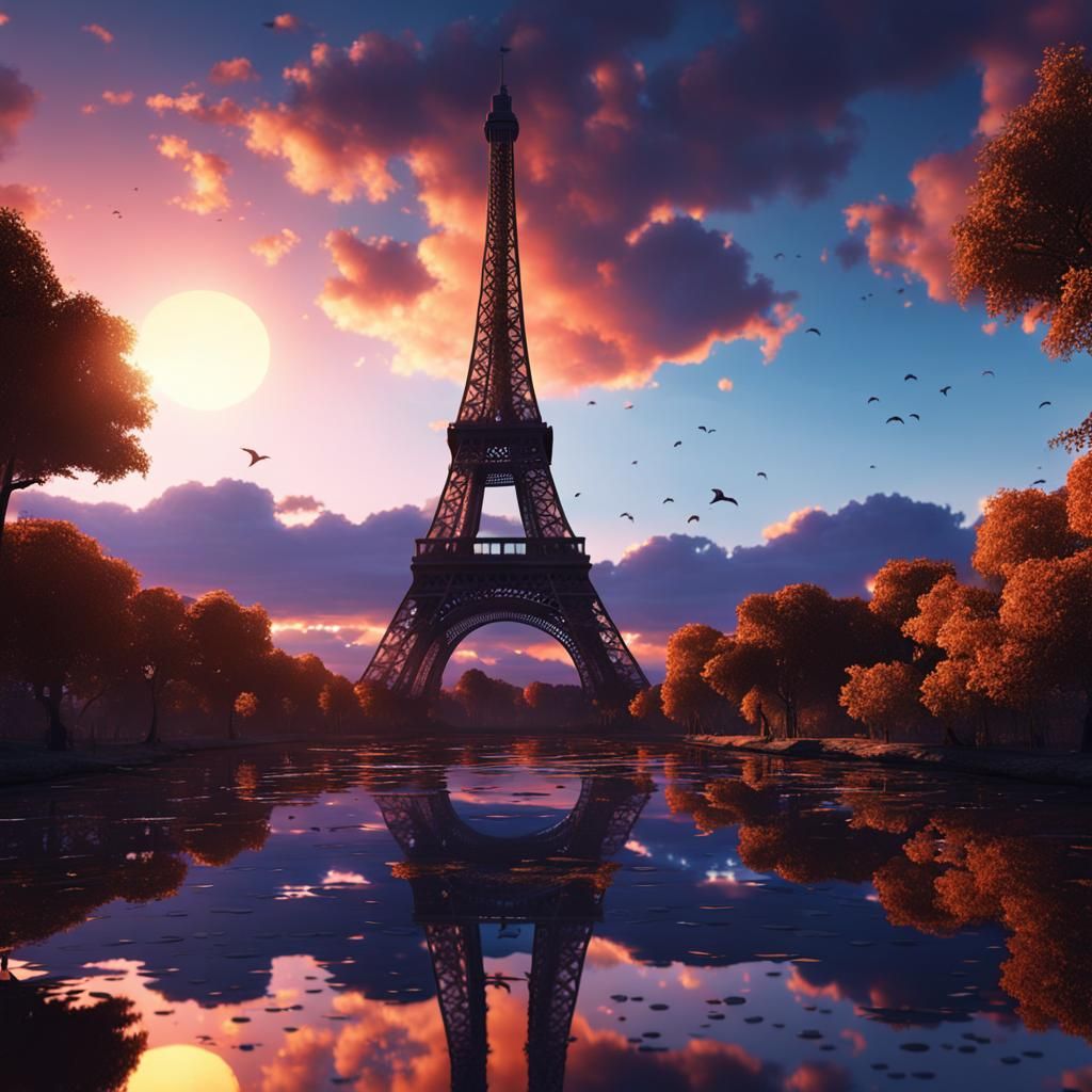 Eiffel Tower Silhouette at Sunset: Fantasy Concept Art