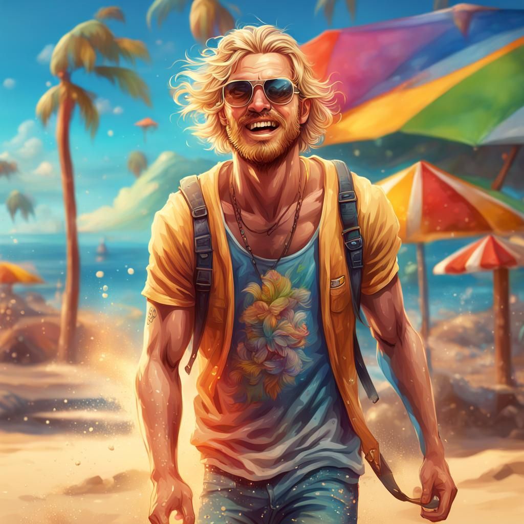 Hyperrealistic Beach Bum Man with Colorful Background