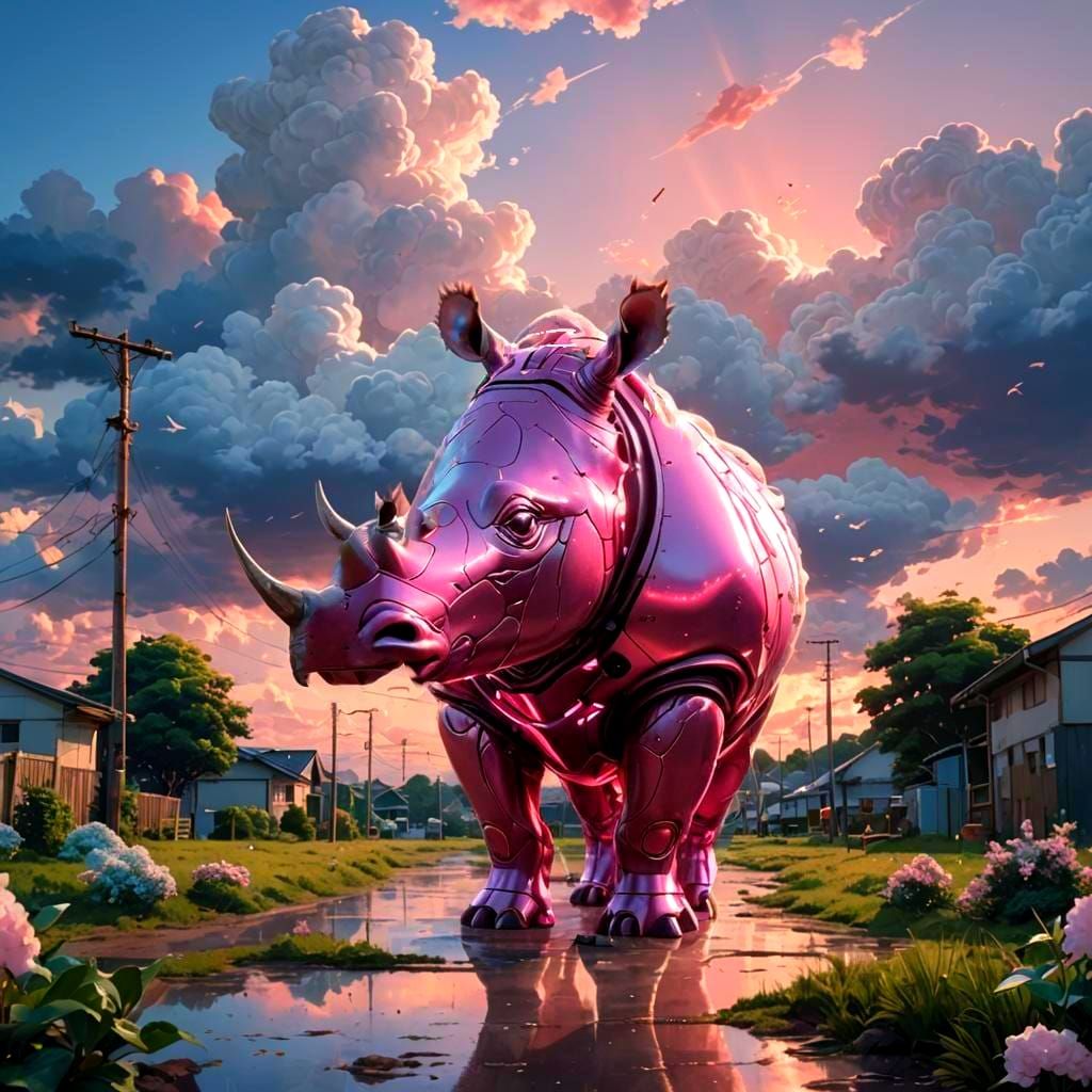 Pink Cloud Rhino in Hyperrealistic Anime Style