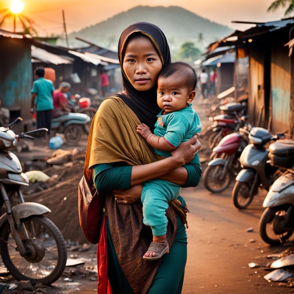 Indonesian Woman and Child in Village at Sunset