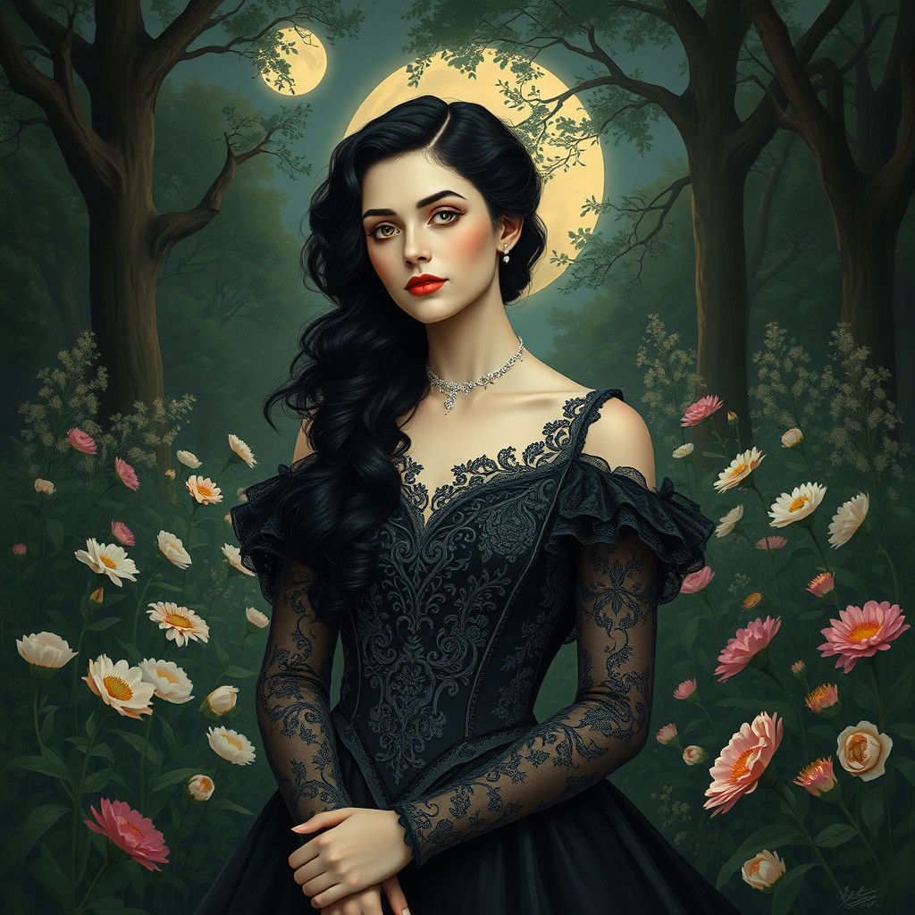 Regal Victorian Era Goddess in Moonlit Garden
