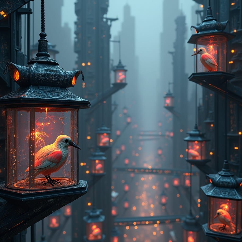 Cyberpunk Birds in Futuristic Cityscape