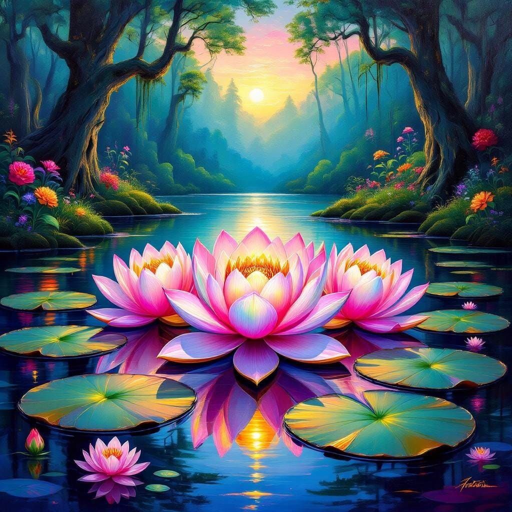 Surreal Lotus Blooms in Ancient Forest Twilight