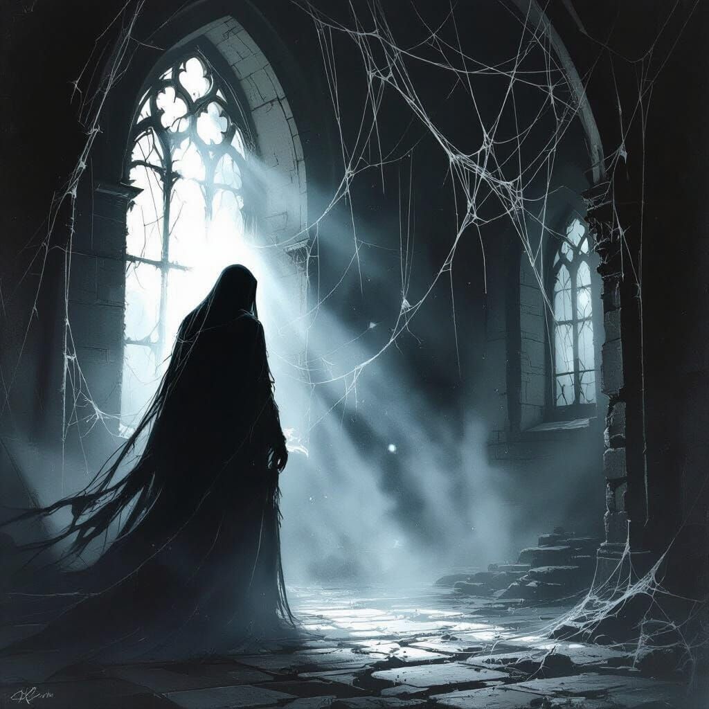 Ghostly Figure in Haunted Castle Hall