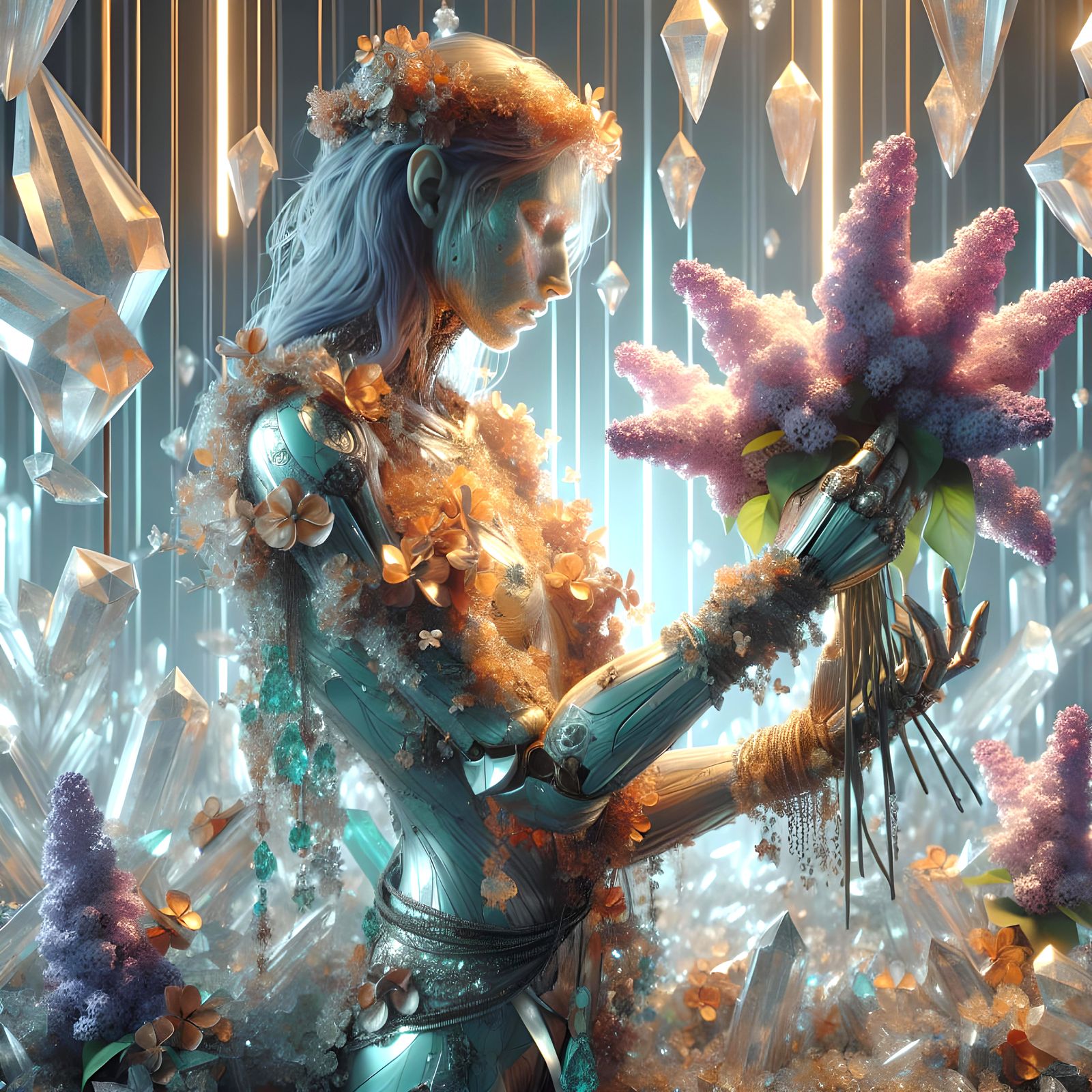 Crystal Lilacs Held by Vampire, Hyperrealistic Art