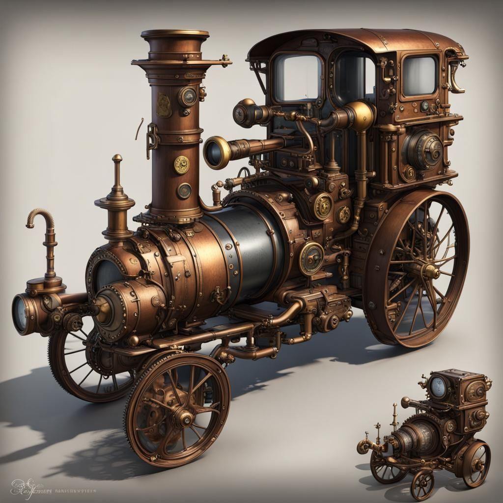 Steampunk Vehicles on White Background in Matte Painting Sty...