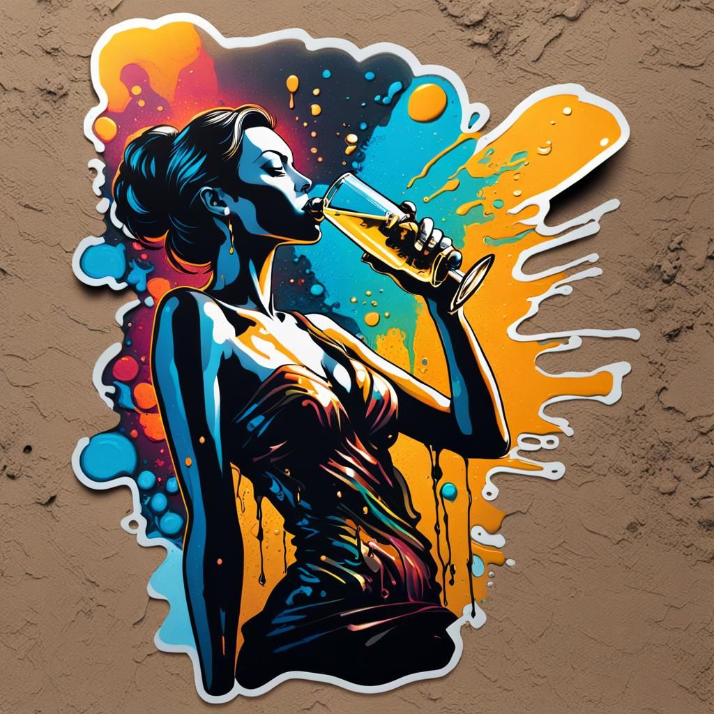 Woman Drinking Champagne in Graffiti Street Art Style