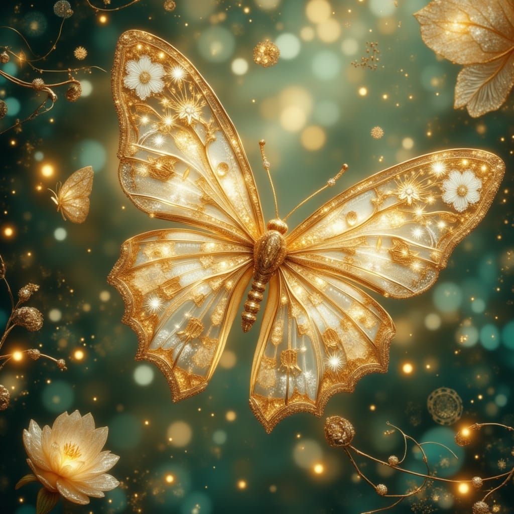 Imagine a whimsical scene of a golden lace moth, crafted from delicate porcelain, fluttering around a bioluminescent flo...