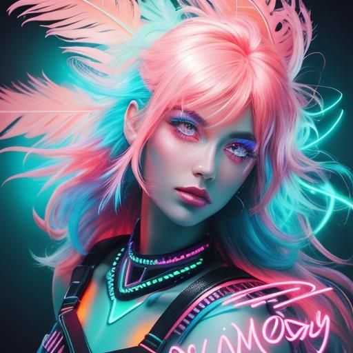Synthwave Woman with Peacock Feather Hair in Neon