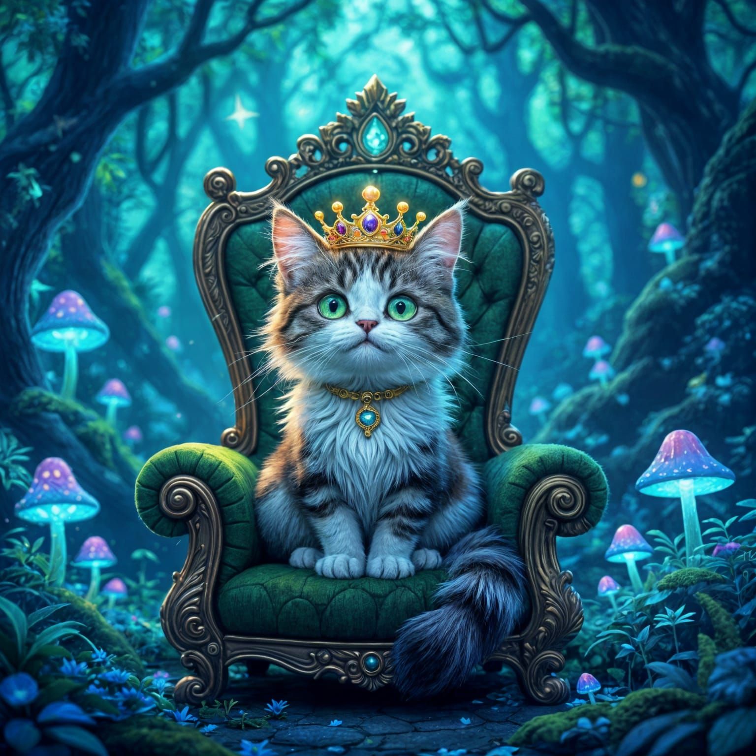 Whimsical Cat King on Moss Throne in Bioluminescent Forest