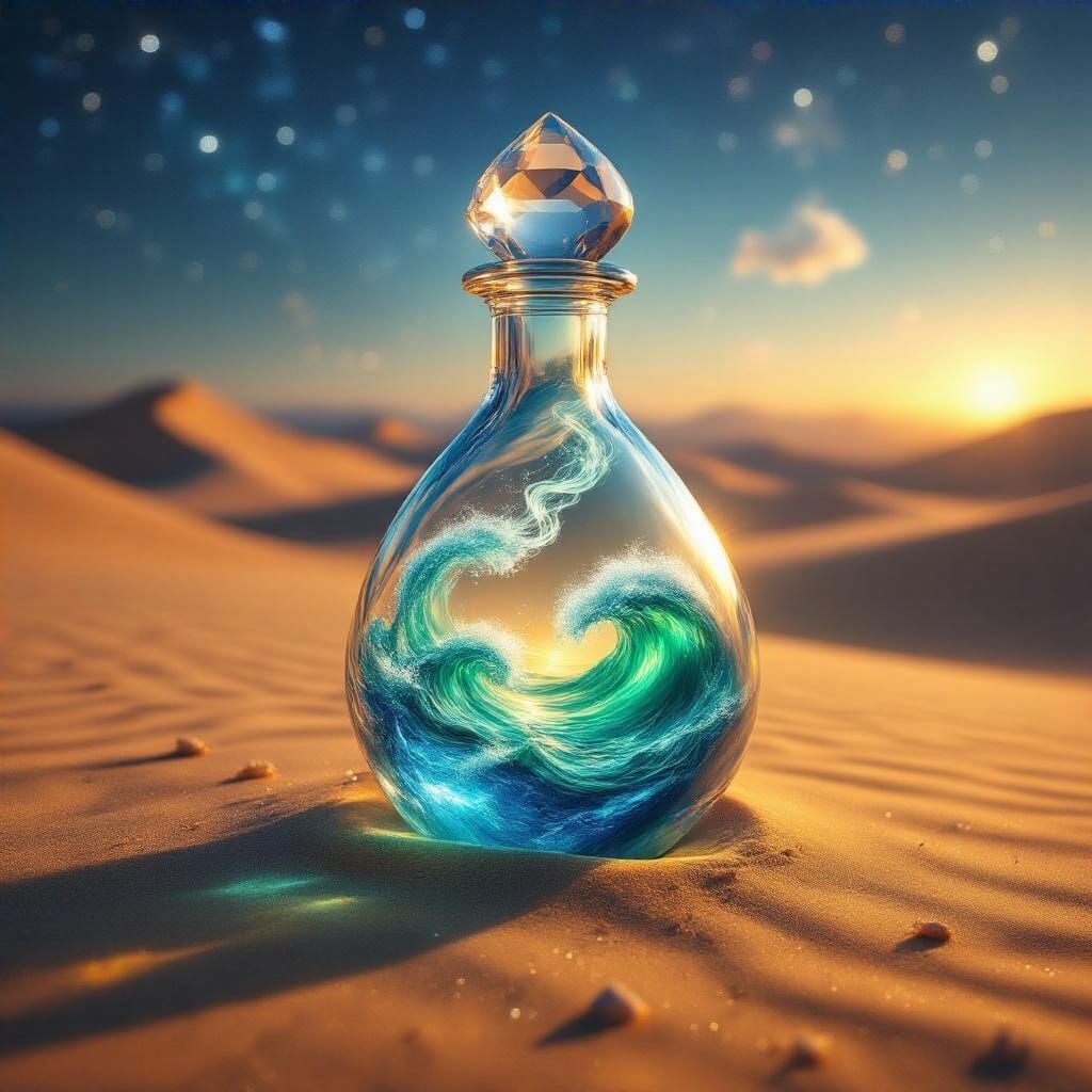Ethereal Crystal Vial in Majestic Desert Landscape