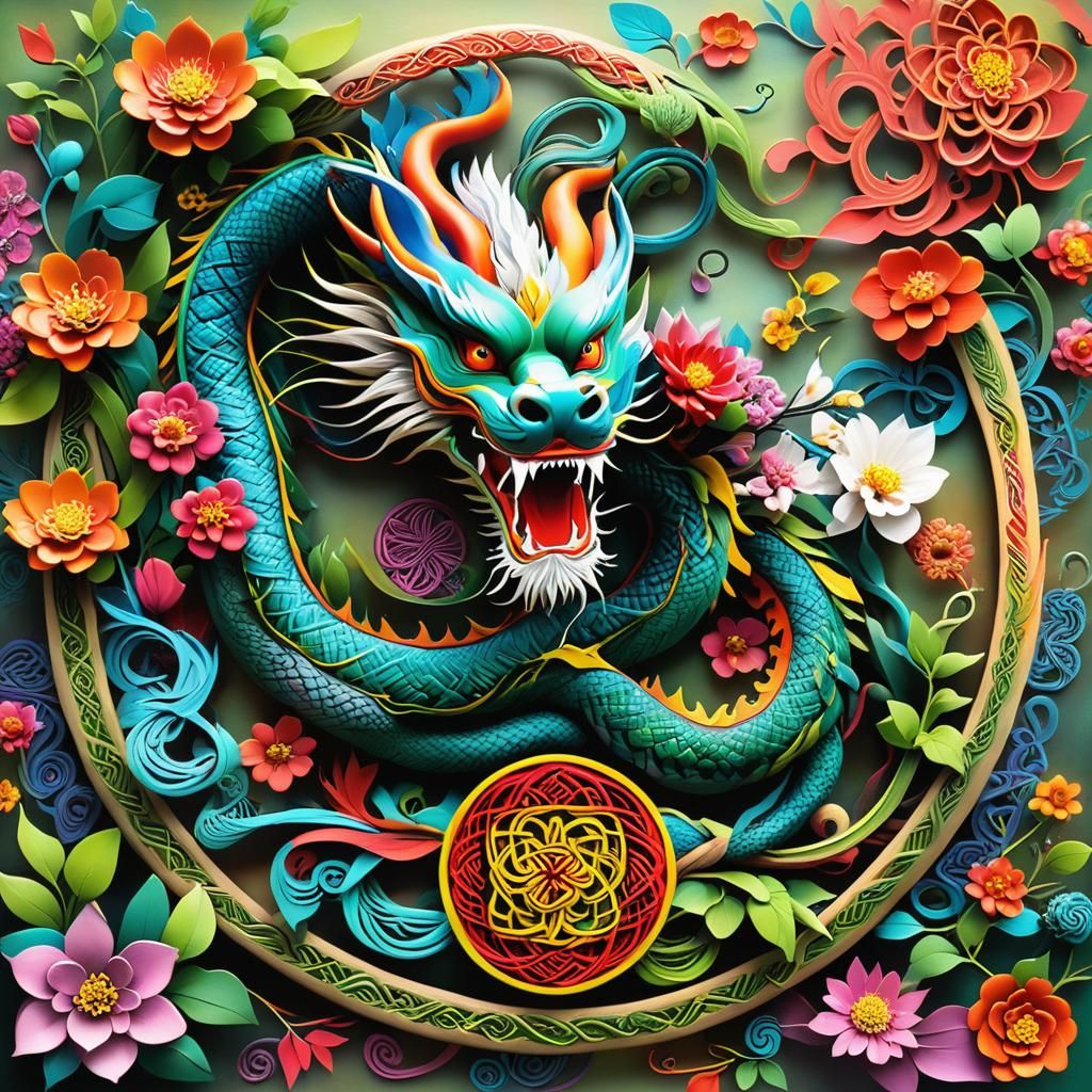 Surreal Mixed Media Sculpture with Dragon and Flowers