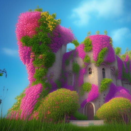 Flowers Grace Old Castle: Pixar-Style 3D Art