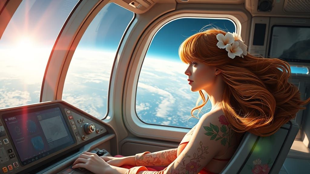 Woman in Spaceship Cockpit in Klimt-Mucha Style