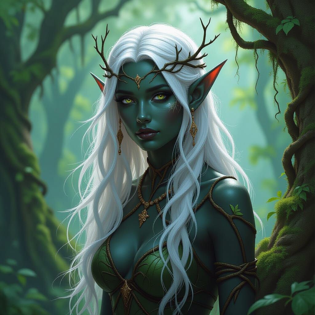 Ethereal Elf Huntress in Primeval Forest Oil Painting