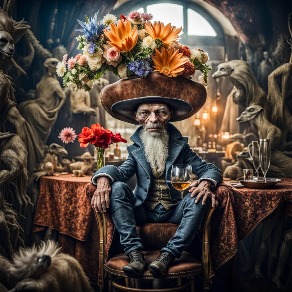 Surreal Alien Restaurant Celebration in Gritty Setting