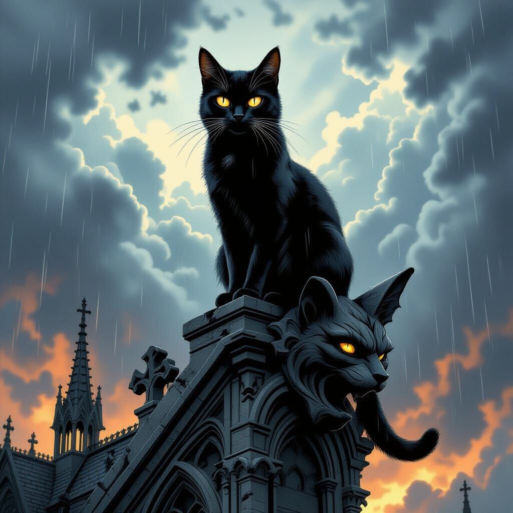 Gothic Black Cat on Gargoyle Under Stormy Sky