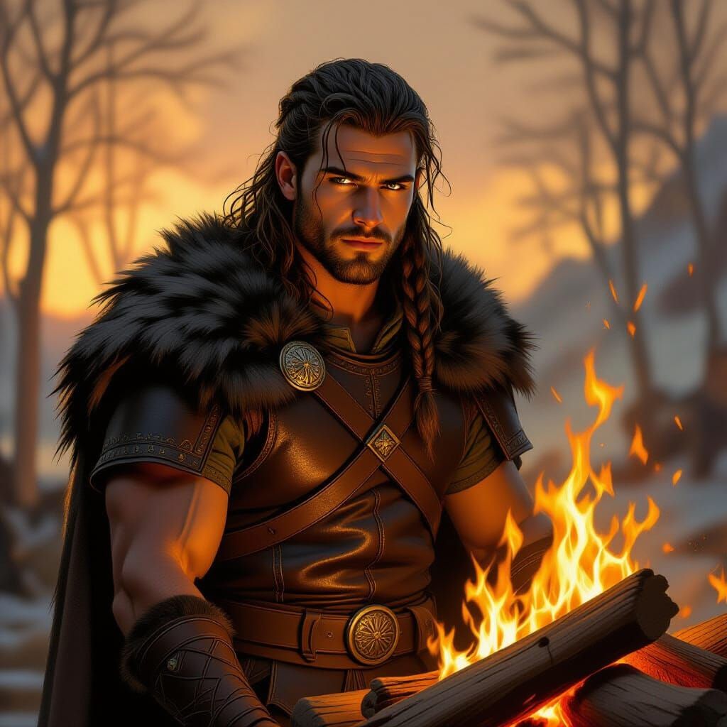 Viking Warrior by Bonfire in Heroic Fantasy Style