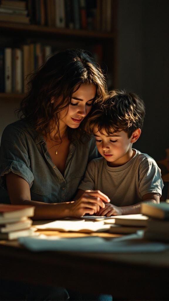 Loving Mother Teaching Son, Cinematic Film Still