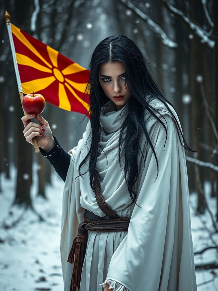 Evil Warrior Woman Waves Macedonian Flag With Apple