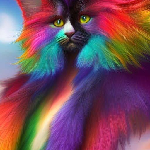 Rainbow Fluffy Winged Cat: Detailed Digital Art