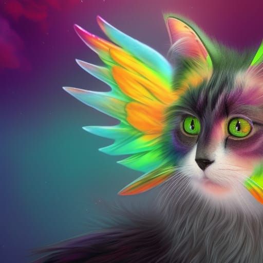 Rainbow Fluffy Winged Cat: Detailed Fantasy Art
