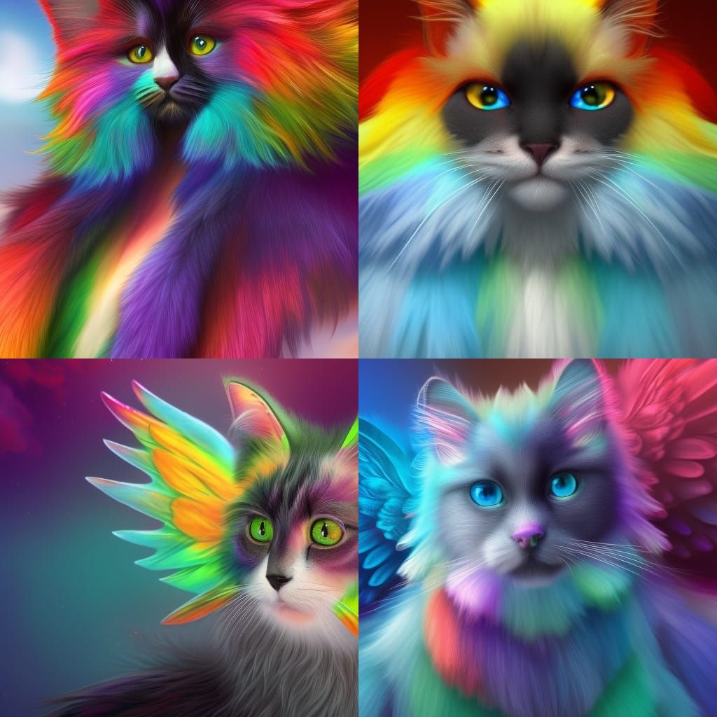 Rainbow Fluffy Cat with Wings: Fantasy Concept Art