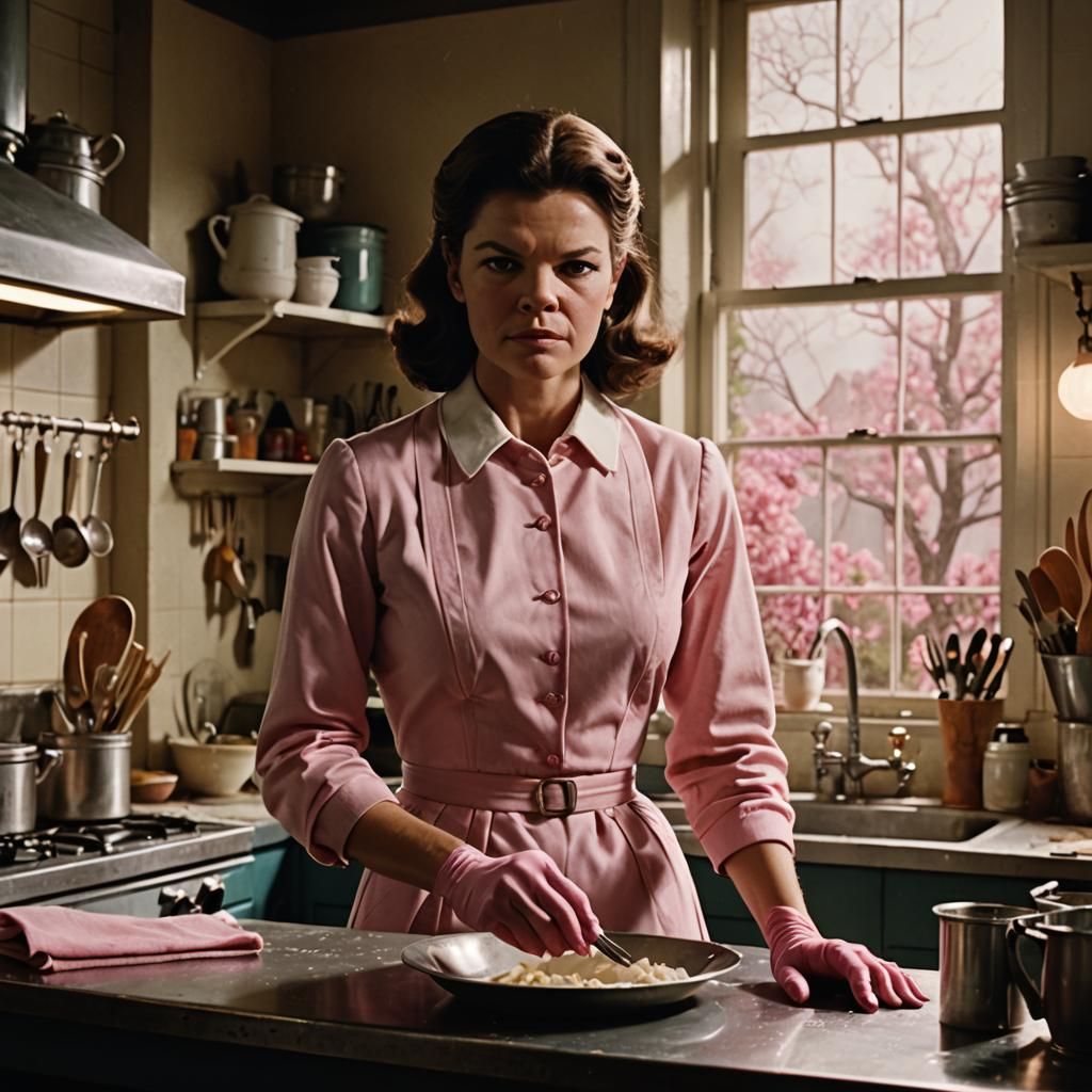Young Stepford Wife in 1950s Kitchen, Pink Rubbergloves, Sof...