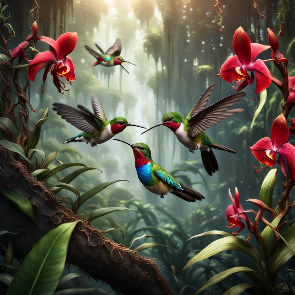 Hummingbirds in Jungle with Orchids: Photorealistic Concept ...