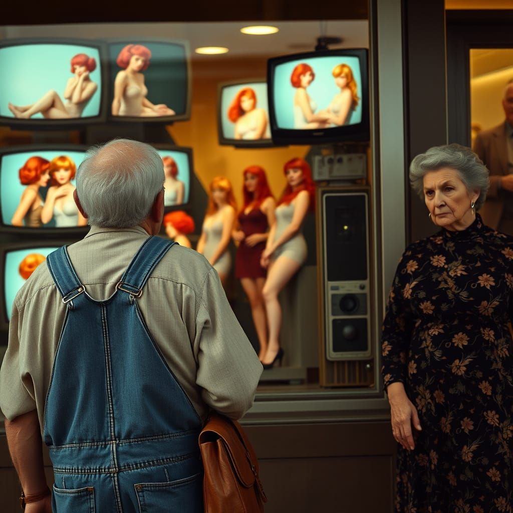 Elderly Man Longingly Gazes at Vintage Pin-Ups in a Televisi...
