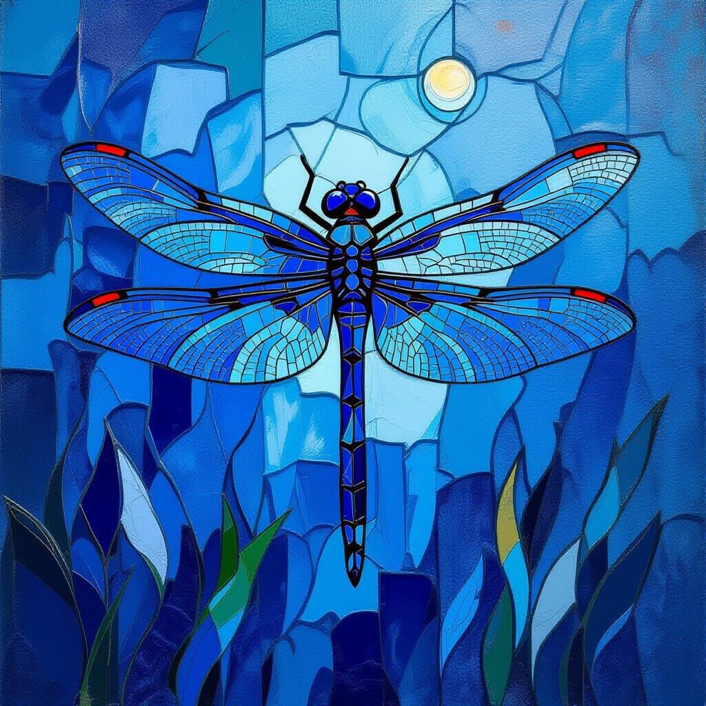 Stained Glass Dragonfly in Blue Impasto Gouache