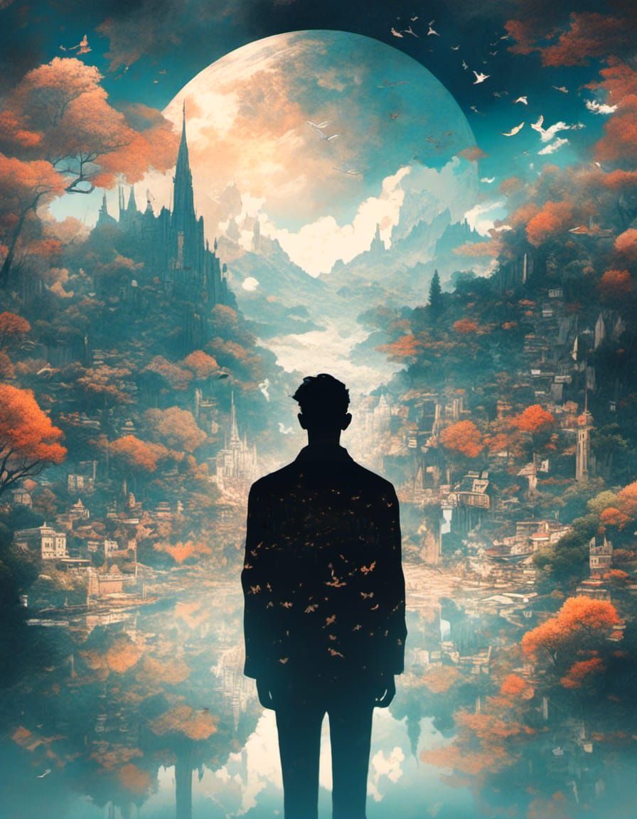Silhouette Gazing at Fantasy Sky: Double Exposure Art