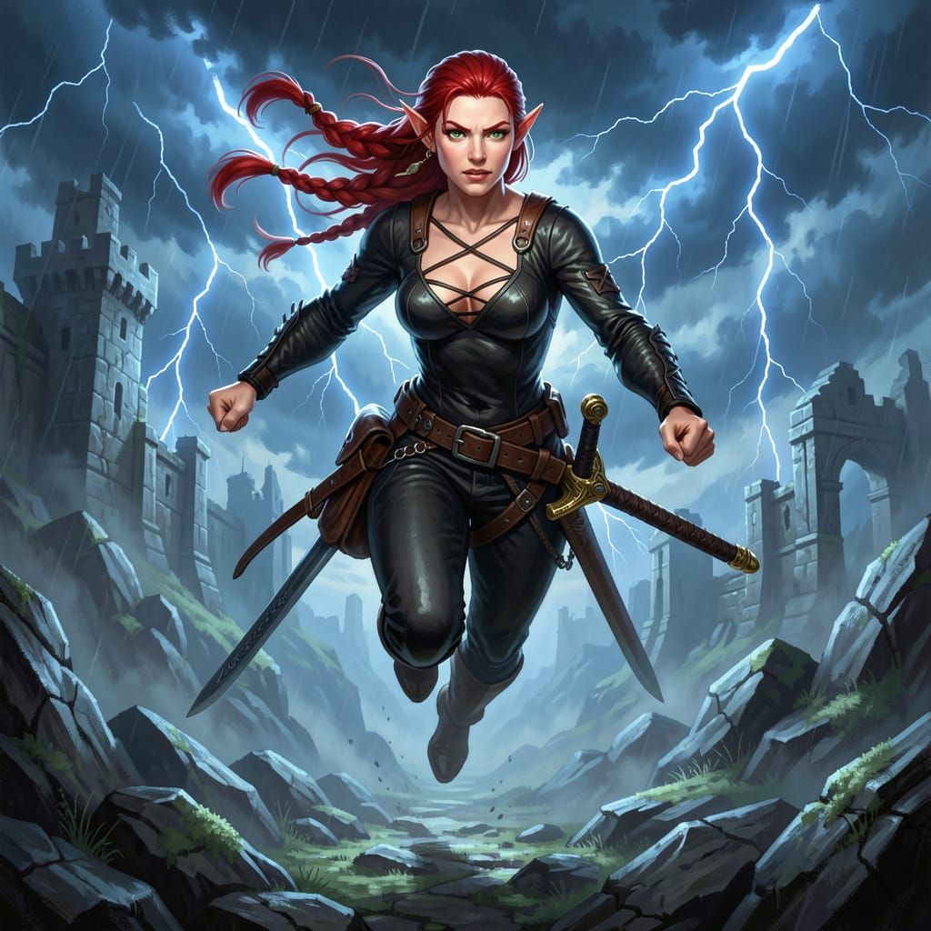 Redheaded Elf Warrior in Stormy Fantasy Landscape