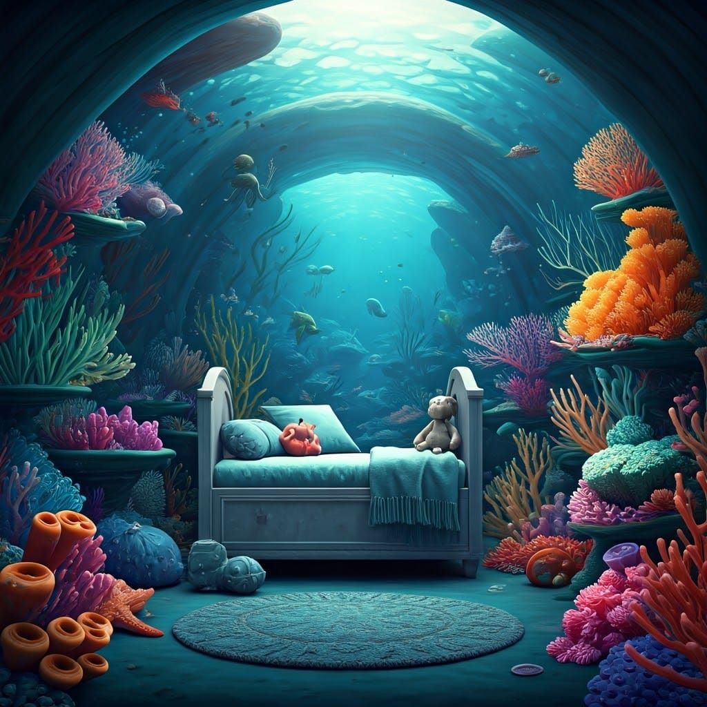 Whimsical 3D Sea Nursery Scene with Traditional Textures
