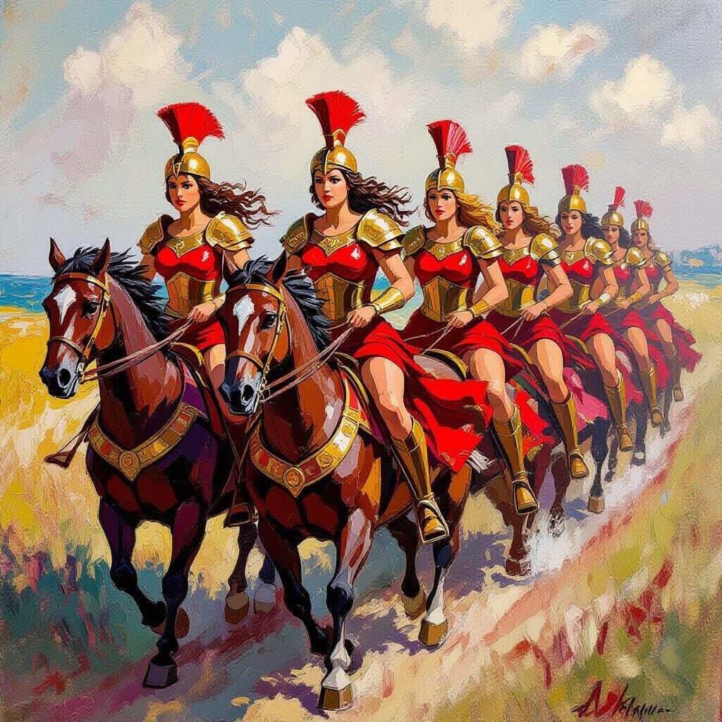 Six Female Warriors on Chariots in Neo-Impressionist Style