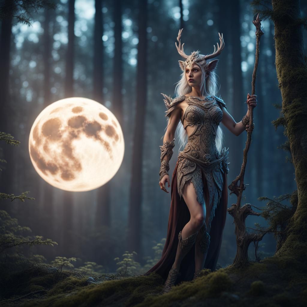 Huldra in Scandinavian Forest Under Full Moon