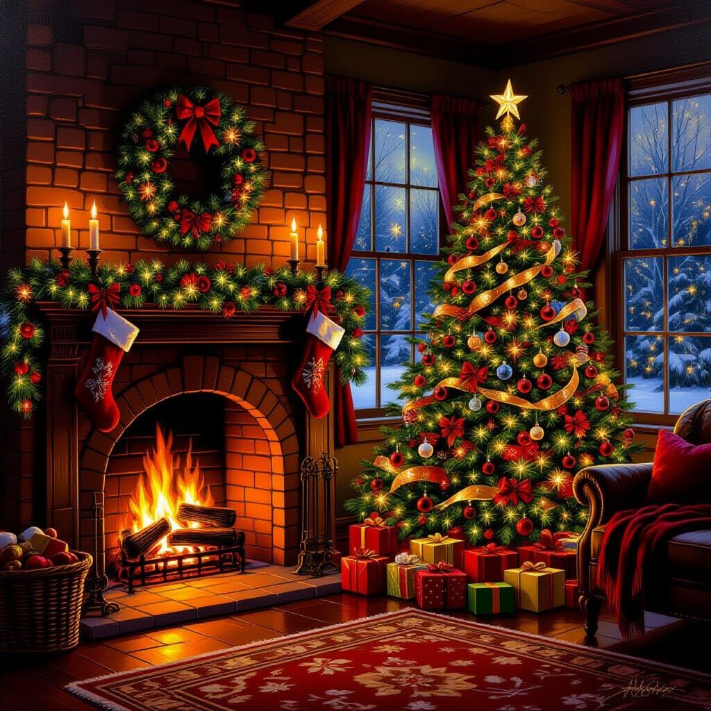 Cozy Christmas Living Room With Roaring Fireplace