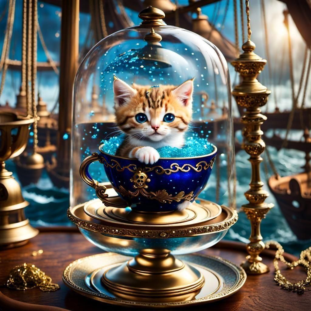 Kitten in Teacup on Pirate Ship in Storm