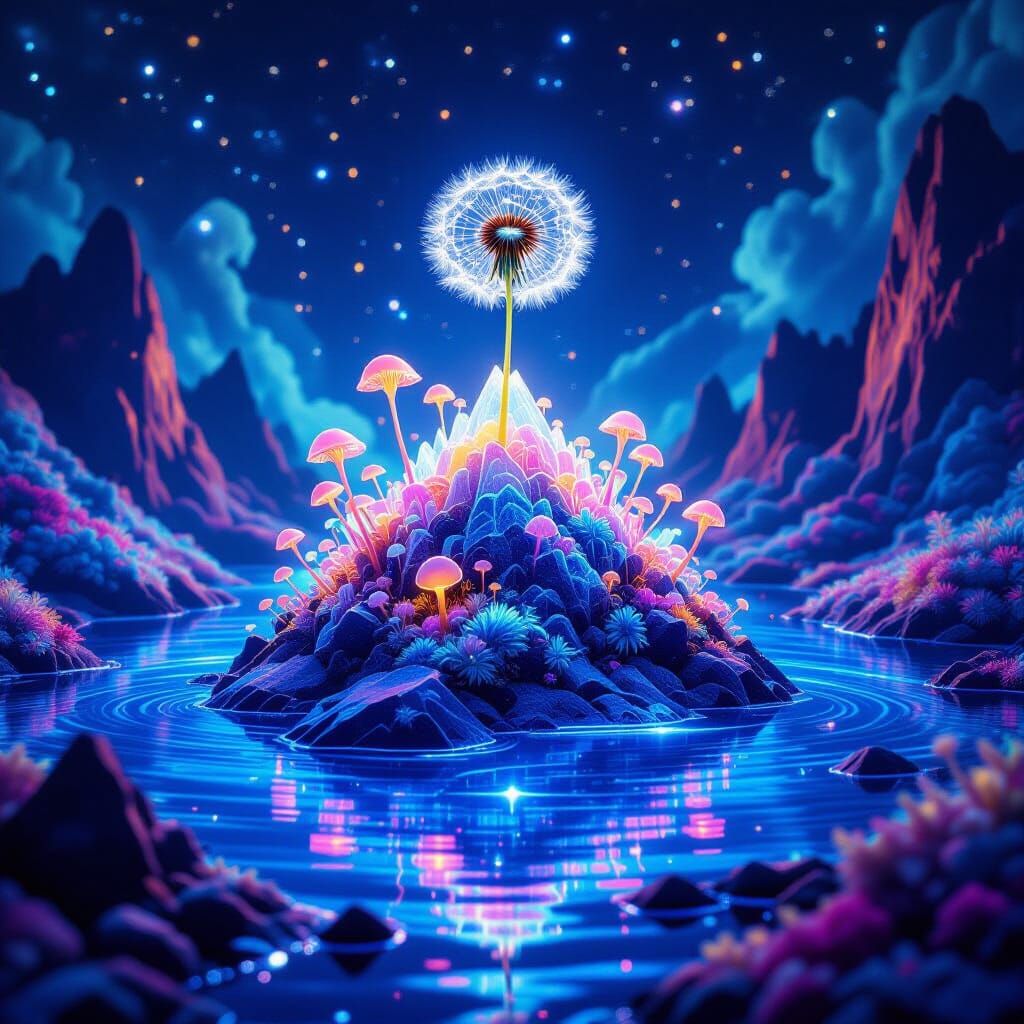 Crystalline Island in Starlight Sea with Giant Dandelion See...